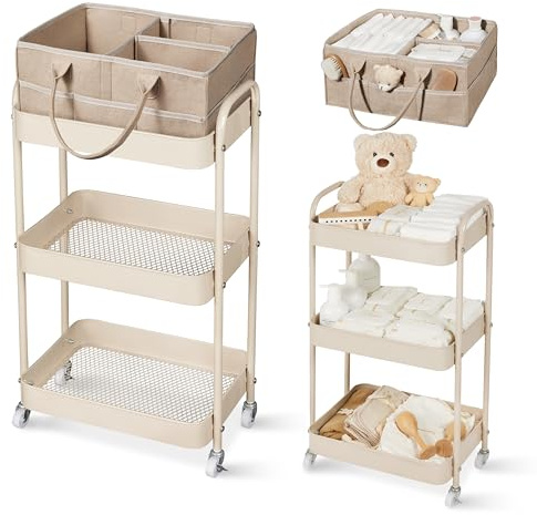 Fortella Carrito Auxiliar con Ruedas 3 Niveles, Cesta Bebe Recien Nacido Niño Fieltro Portátil,Almacenamiento Hogar,Organizador Pañales para Bebé Regalos Bebe,Multifuncional Carrito Cocina Baño Marrón