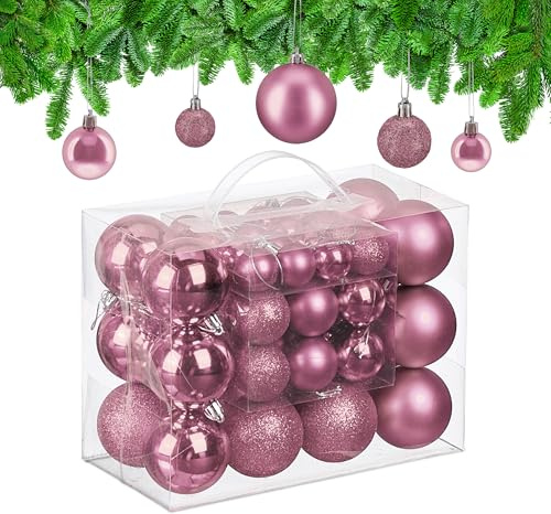 Relaxdays Weihnachtskugeln im 50er Set, Kunststoff, glitzernde, Matte, glänzende Baumkugeln, Christbaumschmuck, rosa