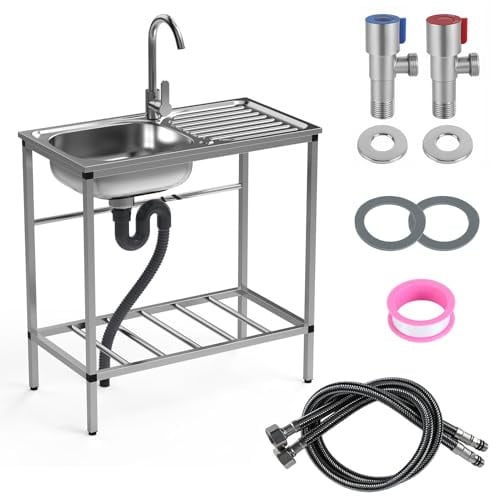 Outdoor Utility Sink, Freestanding Kitchen Sink Set, Stainless Steel Single Bowl, Portable Commercial Utility with Table&Storage Shelves for Garage, Restaurant, Kitchen,Camping, Backyard
