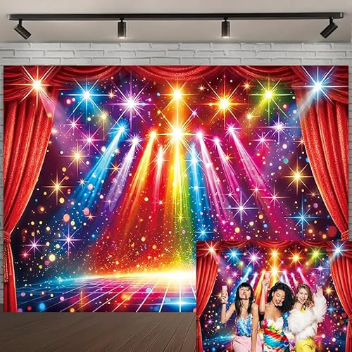 Rainbow Stage Disco Backdrop Vintage Lights Colorful Glitter Rock Music Photography Background Adults Kids 70s 80s 90s Disco Dance Red Curtains New Year Birthday Party Decor Banner Supplies (8x6FT)