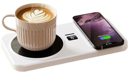 Coffee Mug Warmer,2 in 1 Phone Wireless Charger Drink Heating,3 Heat Settings,Temperature Controlled, 8H Auto Off,Candle Warmer,USB Heating Coaster W-armer With Touch Tech for Coffee, Milk and Tea