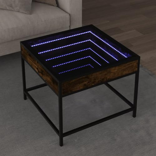 QJBSAVVA LED Infinity Coffee Table Smoked Oak 50x50x41 cm Modern Side End Table RGB Lighting Adjustable Glass Top Engineered Wood Metal Frame for Living Room Bedroom