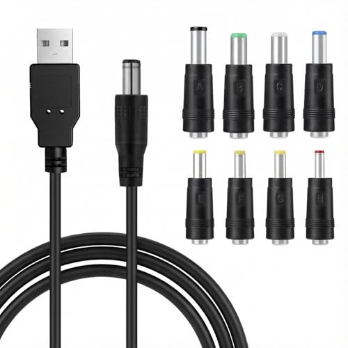 Foverin 1M USB to DC Power Cable, 8 Interchangeable Tips for Small Devices | 5.5 x 2.1mm Base, 5V-24V Wide Voltage, Fits Router & LED Strips, Durable Build, Plug & Play for Various Small Electronics Use