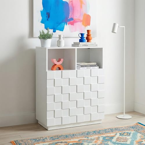 [en.casa] Highboard Wohnzimmer Bopibobro Hochschrank mit 2 Türen 3D-Front Büroschrank 2 Fächer 86 x 64 x 36 cm Kommode Weiß