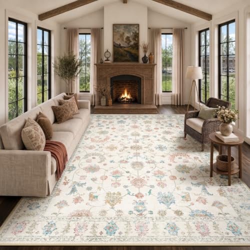 INOVADAY Waschbarer Teppich Boho 200x300 cm Cremeweiß Wohnzimmer Teppich | Schlafzimmer, Küche, Vintage, Eingangshalle, Esszimmer, Diele, Kurzflor, Rutschfest, Flur, Druckmuster, Weich, Pflegeleicht