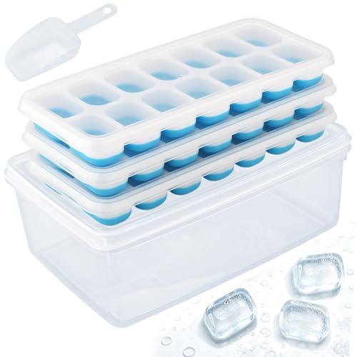 3 Pack Silicone Bottom Ice Cube Trays with Lids, Ice Storage Box & Ice Scoop, BPA Free Easy Release for Cocktails, Drinks & Parties(Blue)