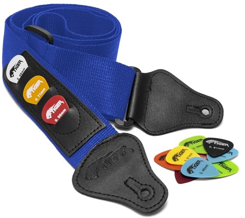 TIGER STPK-BL Guitar Strap with 12 Free Picks Blue