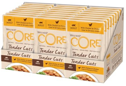 Wellness CORE Tender Cuts, Huhn & Hühnerleber, 24 x 85 g, Nassfutter für ausgewachsene Katzen in Sauce, ohne Zuckerzusatz, getreidefrei, mit hohem Fleischanteil