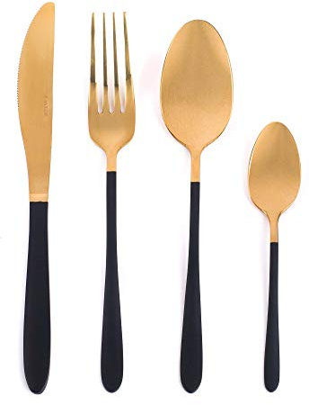 Salter BW07218 NoirGold 16-teiliges Besteckset 4 personen, cutlery essbesteck set 4 Tischaufstellungen, gold beschichtete Edelstahl Spiegeloberfläche mit schwarz Griffe , nur Handwäsche