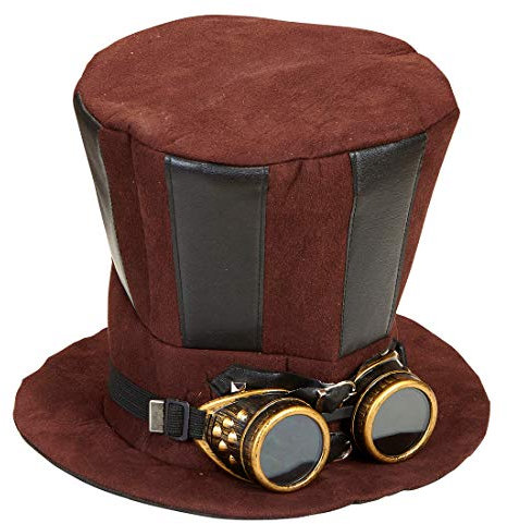 Amakando Stylischer Steampunk-Zylinder-Hut mit Brille im Retrolook/Braun/Viktorianische Kopfbedeckung Retrofuturismus/EIN Blickfang zu Fasching & Karneval