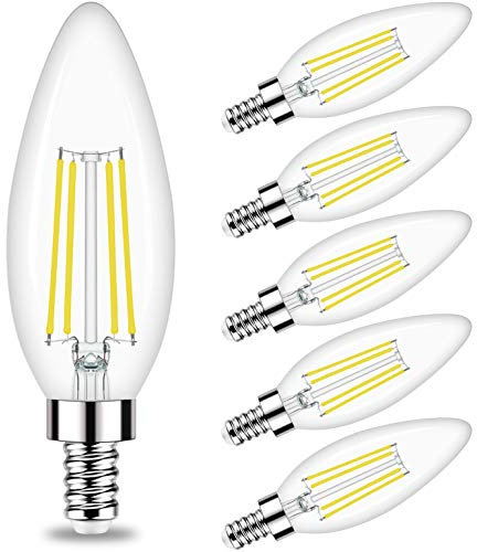 Dimmable E12 LED Candelabra Bulbs 6W (60W Equivalent) - 5000K Daylight Chandelier Bulb 600LM Type B Edison Filament Candle Bulbs,Honesorn C35 B11 Clear Glass Chandelier Ceiling Fan Bulbs,Pack of 6