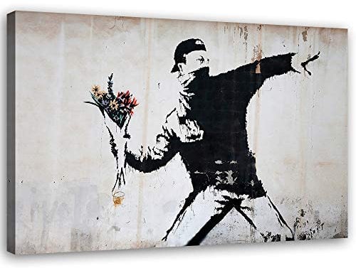 Feeby Leinwandbilder XXL Banksy - Flower Thrower - 120x80 cm - Bild auf Leinwand - Kunstdruck - Deko Wohnzimmer - Wandbilder Schlafzimmer - Deko Schwarz - Deko Aesthetic - Wand Deko