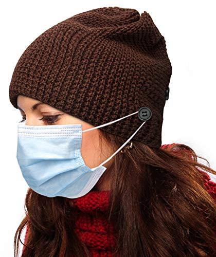 Linowos Strickmütze für Herren und Damen, weiche und warme Acrylmütze mit 4 zusätzlichen Knöpfen zum Halten der Gesichtsmaske, Braun-03, One size