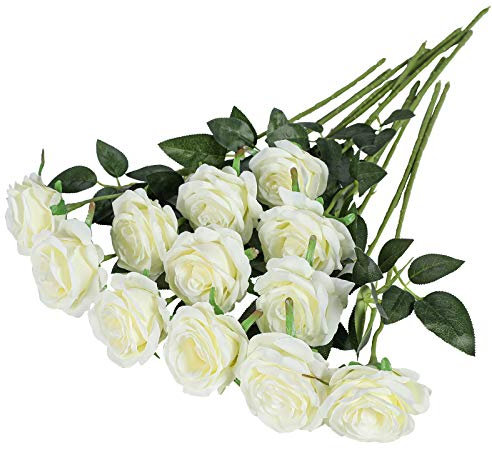 Hawesome 12PCS Künstliche Rosen Gefälschte Blumen Einzelne Lange Stielrosen Blume Hochzeitsdekoration Brautstrauß Dekorative Blumenarrangement Dekoration Party Mittelstücke in Rot Weiß (A Weiß)