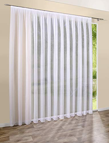 DecoHome | Gardinen Store Transparent Weiß mit Streifen Voile Vorhang mit Kräuselband | 450 x 230 cm
