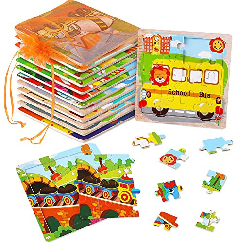 SANNIX 12 Holztier-Puzzles mit 9 Teilen und Organisationstasche für jedes Puzzle für Kinder im Alter von 2 3 4 5 Jahren im Vorschulalter,pädagogisches Lernspielzeug für Kleinkinder,Jungen und Mädchen