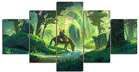SINGLEAART® Leinwanddrucke,5 Teilige Leinwand,5 Stück Wandbild,Wohnzimmer Dekoration,Modular Wandkunst,Brettmalerei,Link Die Legende Von Zelda Breath of The Wild,200Cm×100Cm,Mit Rahmen
