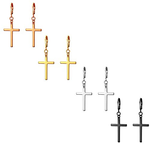 JewelryWe Schmuck 4 Paar Unisex Creolen, Edelstahl Klassisches Kreuz Ohrringe Ohrstecker Ohrhänger Ohr-Piercing für Herren Damen, Schwarz Gold Silber Rosegold