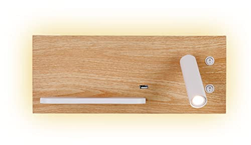 Applique murale LED 7W moderne métal aspect bois avec chargeur sans fil et connexion USB, lampe de lecture LED 3W Réglable 350° avec interrupteur, Lampe de chevet murale chambre, 3000K,Left