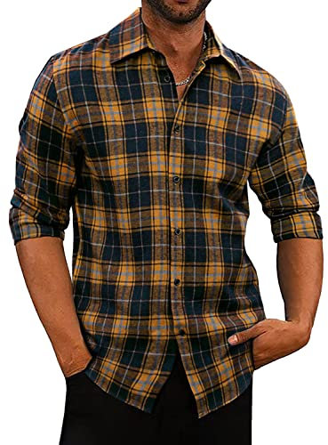 Minetom Chemise Homme Chemise À Carreaux Manches Longues Plaid Chemise Regular Fit Revers Bouton Printemps Et Automne Shirt A1 Jaune L