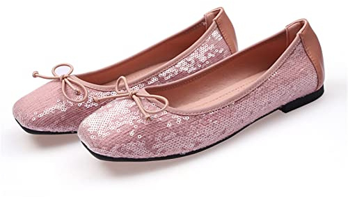 MACHSWON Damen Ballerina flache Pumps mit quadratischem Zehenbereich, glitzernde Pailletten, zum Reinschlüpfen, elegante flache Pumps, rose, 38 EU