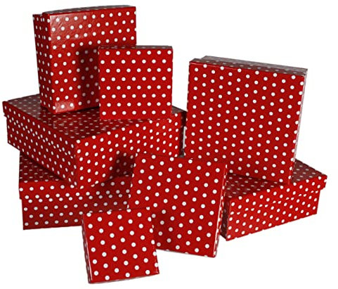 8-teiliges Set Geschenkschachteln Geschenkboxen Geschenkkarton, 8 Stück Geschenkkartonage Boxenset Weihnachten Geburtstag Hochzeit, ca. 22,5 x 22,5 x 8 cm (Rot mit weißen Punkten)