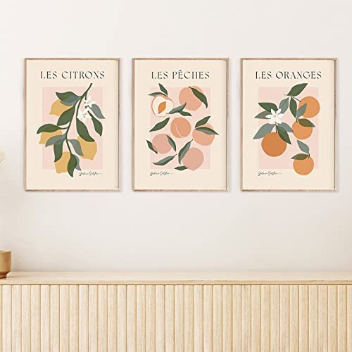 CPGG Leinwandbild 3er-Set Obstmarkt Poster modernes Leinwandbild skandinavischer Kunstdruck Orangen Pfirsiche Zitronen Wandbild für Wohnzimmer Heimdekoration-50x70cm Ungerahmt