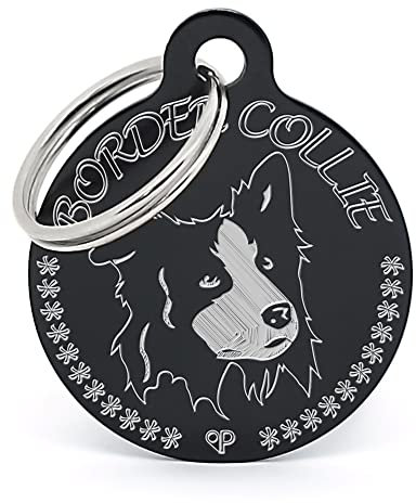 PERDIDUS Placa para perro personalizada BORDER COLLIE. Grabado del nombre y teléfonos. (32 mm, Negro)