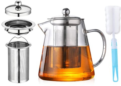 Teiera in vetro trasparente,Stile di aggiornamento teiera in vetro con filtro in acciaio inox, con Filtro Asportabile e Lavabile per tè Profumati Teiera Vetro con infusore,Teiera per Tisane 950ML
