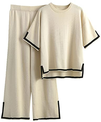 Faleave 2-teiliges Strickpullover-Set für Damen, kurzärmelig, Pullover, Tops, elastische Taille, weites Bein, Hose, Lounge-Set, aprikose, S