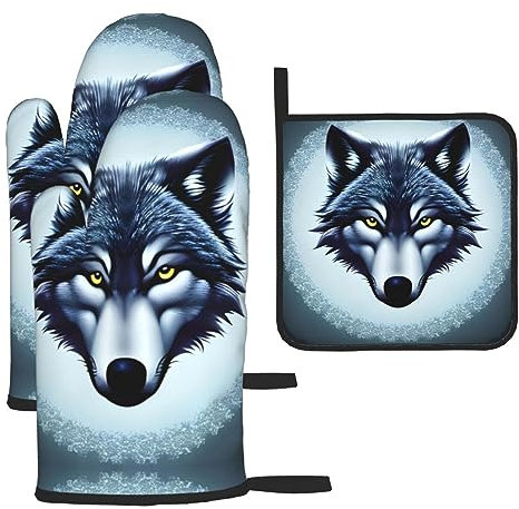YYHHAOFA Fierce Wolf Head Ofenhandschuhe und Topflappen Sets - Dicke und Verbrühungsschutz Isolierung 2 isolierte Handschuhe und eine Deckelmatte