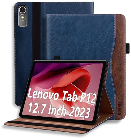 ONETHEFUL Hülle für Lenovo Tab P12 12,7 Zoll Tablet Premium Pu Leder Klappständer Schutzhülle mit Stifthalter und Dokumentschlitze, Lenovo Tab P12 2023 TB370FU Auto Schlafen/Wachen Blau