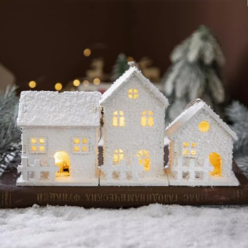 DZAY Weihnachtsdorf Beleuchtet Holz Weiß Weihnachten Leuchtende Holzhaus Schneeflocke,Lichthaus Weihnachtshäuser Weihnachtsstadt Häuser Winterdorf Weihnachtsdeko Innen Christbaumschmuck (3 Stück)
