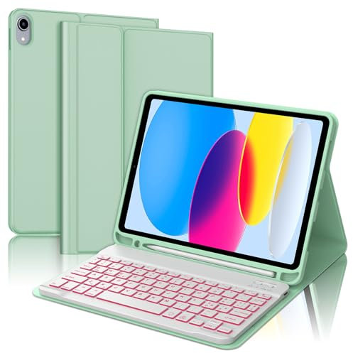 Tastiera per iPad A16 11/10 Generazione (2025/2022), Cover con Tastiera per iPad 11 Gen 11 Pollici/10 Gen 10.9 Pollici, Magnetica Retroilluminazione QWERTY, Custodia con Portapenna, Verde chiaro