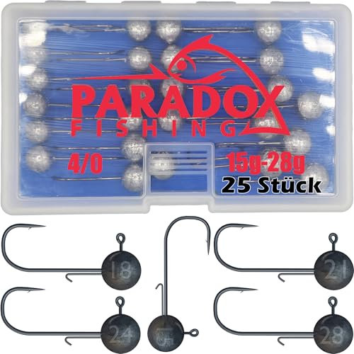 Paradox Fishing Jigköpfe Set 4/0 25x I je 5X 15g/18g/21g/24g/28g I Jig Köpfe Gummifisch mit Jighead für Gummifische Zander Angelzubehör