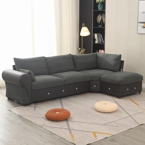 Panana Fabric and Faux Leather Corner Sofa 4-5 Seater L Shape Sofa with Built- in USB Port Chaise, Dark Grey