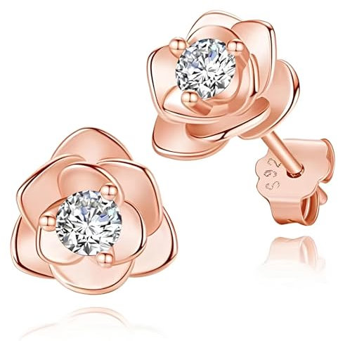 Cosswe Ohrringe Silber 925 Rosegold - Zierliche Knorpel Hypoallergene Rosen Blumen Damen Ohrstecker 1 Paar Ohrringe Silber Zirkonia Design 5mm