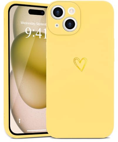 Wirvyuer Compatible with iPhone 13 Case Cute Heart Pattern Protective Shockproof Soft Slim Silicone Phone Case for Women Girls,Yellow