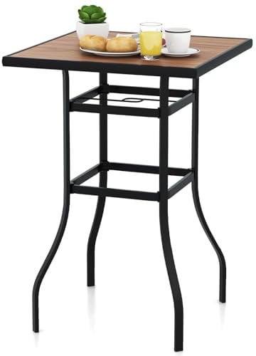 COSTWAY Mesa Alta Cocina, Mesa Alta Cuadrada 70cm, Mesa Bar con Orificio para Sombrilla de 39 mm, Estructura de Metal, Mesa Alta Exterior Jardin Terraza