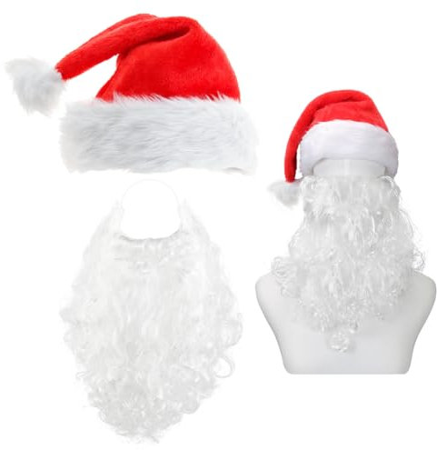 Aurasky Weihnachtsmann Bart + Mütze, Weihnachtsmann Kostüm Accessoires, Weihnachtsmütze Plüsch Rand, Nikolaus Santa Claus Kostüm, Weihnachtskostüm Nikolauskostüm