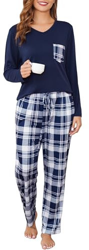 Sopesil Pyjama Femmes Hiver à Carreaux Ensemble de Pyjamas Long à Col en V Vêtement de Nuit 2 Pièces pour Femmes avec Poches,XXL,Bleu Marine