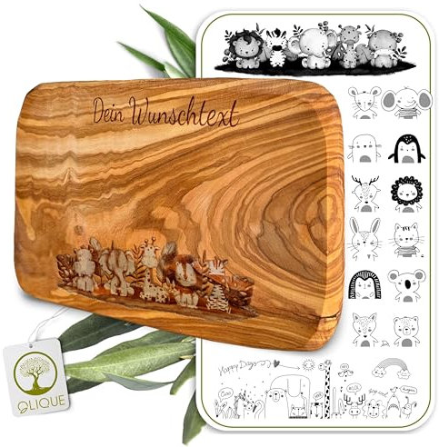 Frühstücksbrettchen personalisiert, Olivenholz - Hochwertiges Vesperbrett mit Gravur als individuelles Geschenk (Tier Motiv)