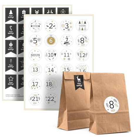 Adventskalender Tüten & Adventskalender Aufkleber – 24 Tüten, Zahlen & Verschluss Sticker – Bastelset Adventskalender 2025 Kinder Frauen Männer – Adventskalender zum Befüllen - Zahlen - Unique