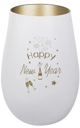 Der-Porzellan-Laden Windlicht mit Gravur Happy New Year, Weiß Gold, Teelichthalter Neujahr aus Glas, Silvesterdeko Tischdeko