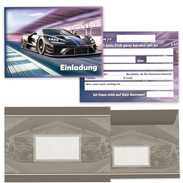 Limonia 12x Einladungskarten mit Umschläge zum Kindergeburtstag Auto Rennauto - Geburtstagseinladung Coole Autos & Rennwagen Motive, Einladung für Autofans - Track Racer