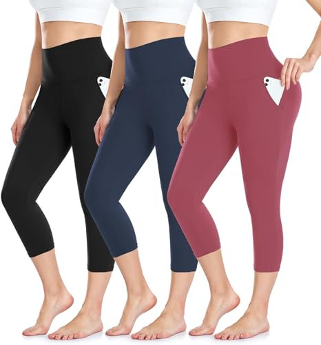 ACTINPUT Capri Leggings Damen 3/4 Caprihose High Waist Schwarz Sport Leggins mit Taschen Elastische Blickdicht Yogahose Sporthose Laufhose Sommer Große Größen Leggings(Schwarz/Navy/Rot,L-XL)