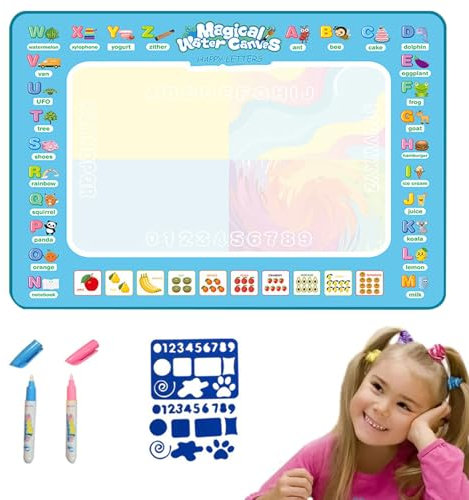 Aqua Doodle Tapis de peinture à l'eau, avec fruits et lettres, avec stylo à eau, 1 surface de dessin, 1 modèle de 2 stylos, idéal pour les fêtes, les voyages et l'école (44 x 32 cm)