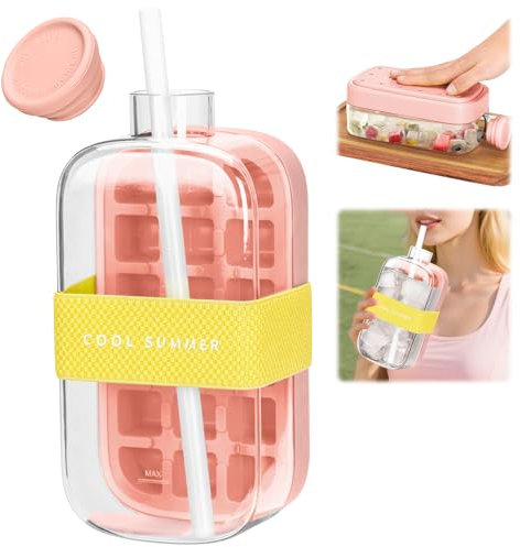 Nexhyp Ice Cube Bottle 800ml with Straw, 2-in-1 Push-Type Ice Making Bottle with Reusable Lid & Bin, Portable Water Bottle Ice Cube Tray for Home, Outdoor, Office, Summer Beverages (Pink)