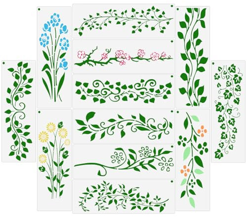 OOTSR 12 Stück Große Blatt Ranken Schablonen, 10x30cm Pflanzen Malschablone für Malerei, Kunststoff Vorlagen Wiederverwendbare für Wand Holz Stoff Möbel Heimdekoration