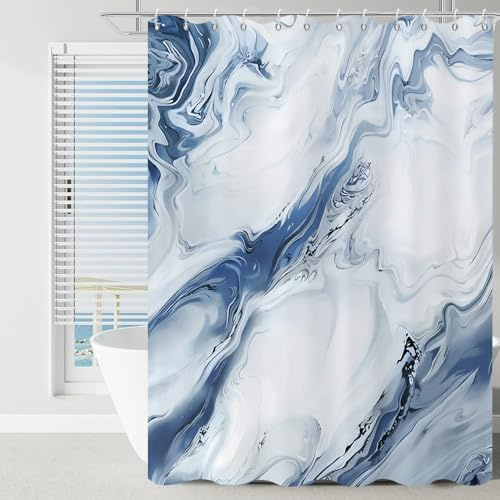 GCIREC Rideau de Douche, 180x180cm, Bleu Moderne Art Abstrait Aquarelle Marbre Gradient Tissu Imperméable Rideau de Salle de Bain Lavable en Machine avec Crochets